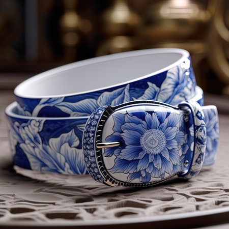Blue belt with floral pattern on a wooden table. Selective focus.の写真素材
