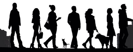 Vector silhouettes of people with dog on a white background. Eps 10.
