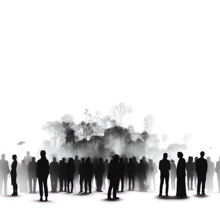 Silhouettes of a large group of people on a white backgroundの写真素材