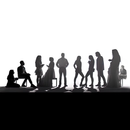 Silhouette of a group of young people on a white backgroundの写真素材