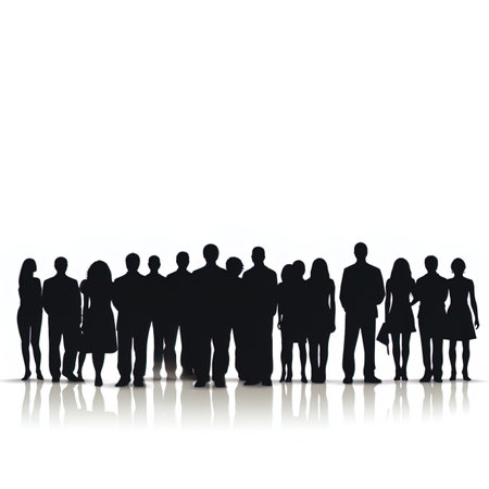 Silhouettes of a large group of people on a white backgroundの写真素材