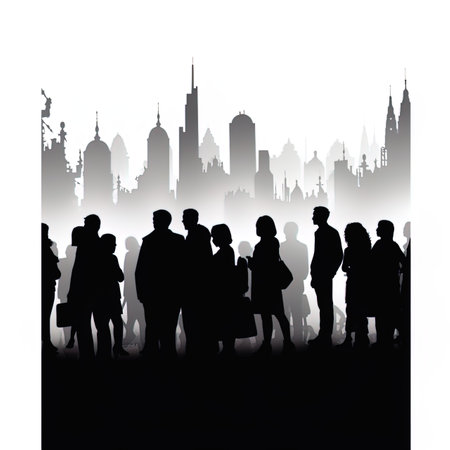 Silhouettes of people walking in the city. Vector illustration.の写真素材