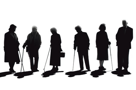 Silhouette of a group of elderly people walking on white backgroundの写真素材