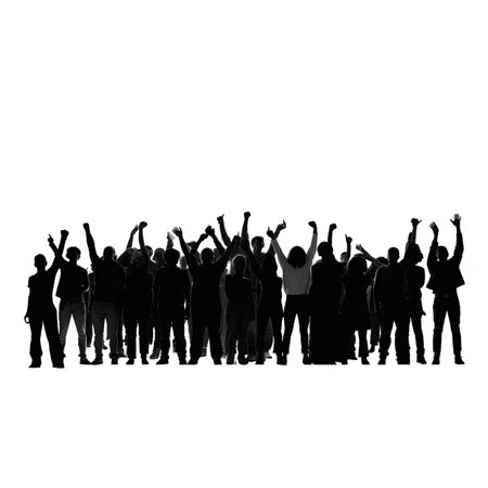 Silhouette Group of People Celebrating on a white background.の写真素材