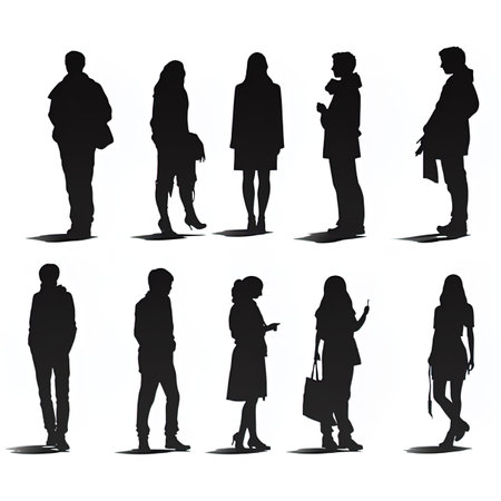 illustration of walking people silhouettes in different poses on white backgroundの写真素材