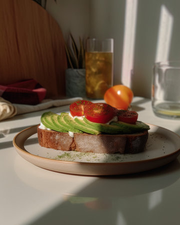Toast with avocado, tomato and kiwi on a plateの写真素材
