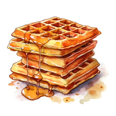 Belgian waffles with caramel sauce. Watercolor hand drawn illustrationの写真素材