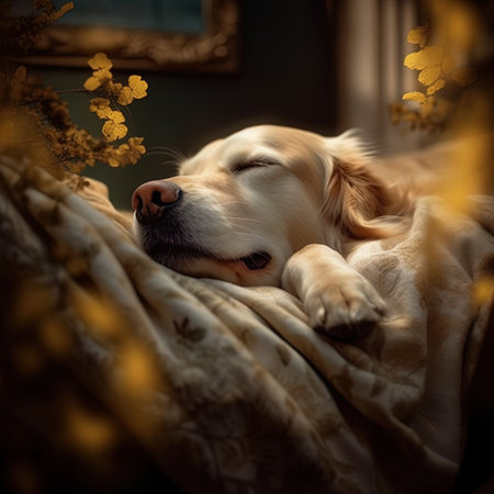 Golden Retriever lying on the bed in the autumn forest.の写真素材