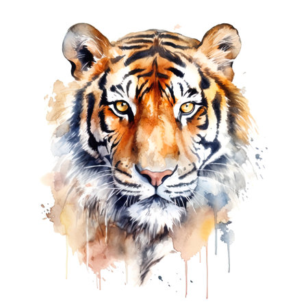 Watercolor tiger portrait. Hand drawn watercolor illustration isolated on white backgroundの写真素材