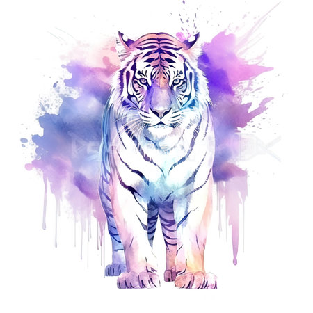 Watercolor illustration of a tiger on a colorful watercolor background.の写真素材