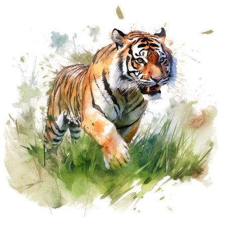 Watercolor illustration of a tiger running in the grass. Isolated on white backgroundの写真素材
