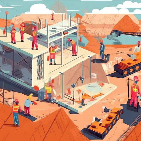 Construction site with workers at work. Vector illustration in cartoon style.の写真素材