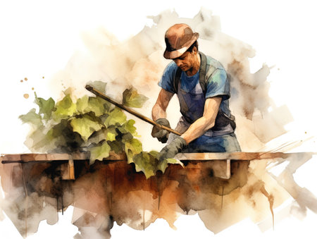 Watercolor illustration of a farmer working on the roof of a house.の写真素材