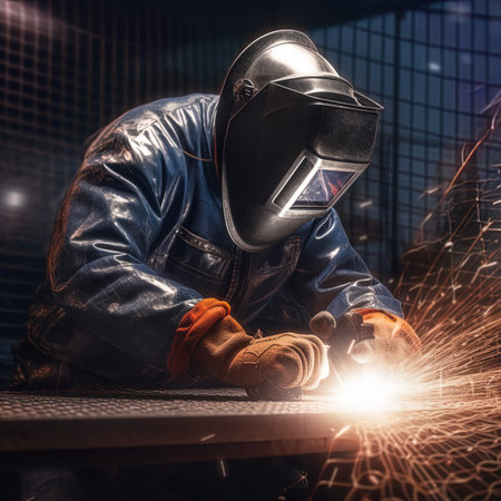 Welder working with arc welding machine. Metalwork and construction concept.