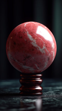 A close up shot of a red marble ball on a dark backgroundの写真素材