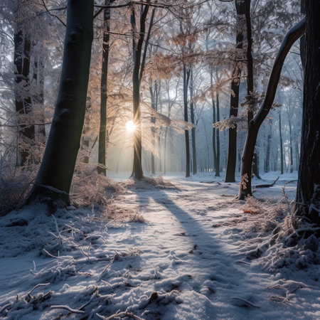 Beautiful winter landscape in the forest at sunset with sunbeamsの写真素材