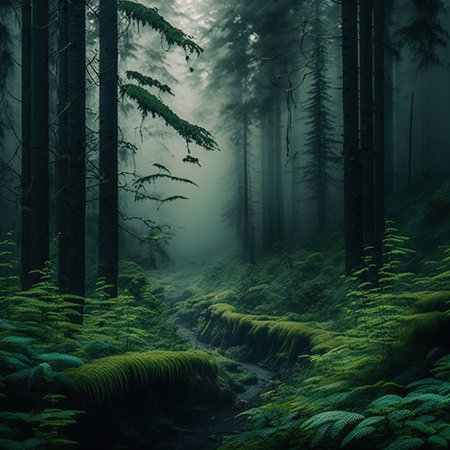 Foggy dark forest with ferns and water stream.の写真素材