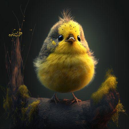 Little yellow bird on a branch on a dark background. 3d renderの写真素材