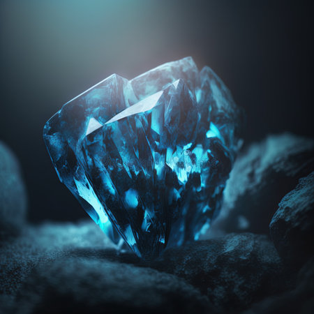 Blue crystal gemstone on dark background. 3D Rendering.の写真素材
