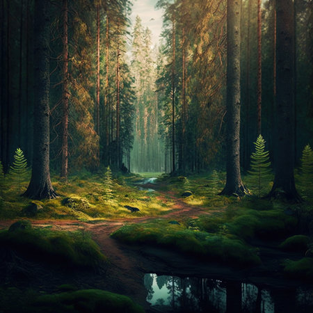Fantasy landscape with river in the dark forest. 3d render