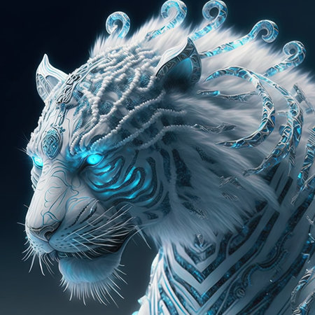 3D rendering of a fantasy tiger with blue eyes and white furの写真素材