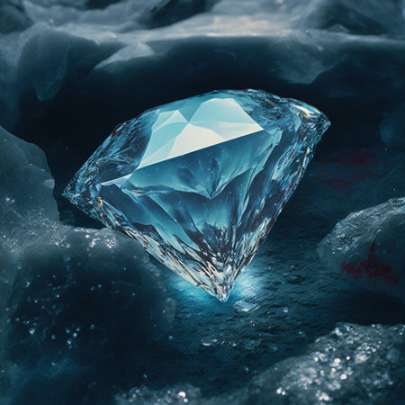 Blue diamond on ice background. 3d rendering, 3d illustration.の写真素材