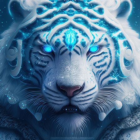 Tiger with blue eyes, digital art, 3D illustration.の写真素材