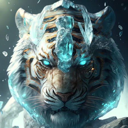 3D rendering of a tiger with ice effect and water drops.の写真素材