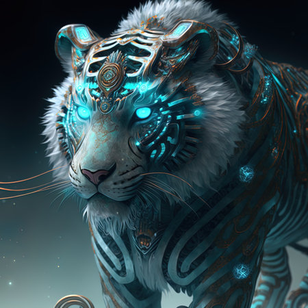 3D rendering of a tiger on a dark background with light effectsの写真素材