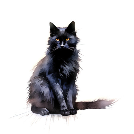 Beautiful black cat sitting on a white background. Watercolor illustrationの写真素材