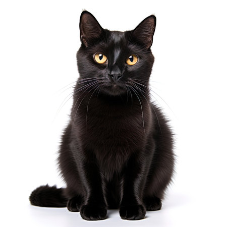 Black cat with yellow eyes sitting on white background. Isolated.の写真素材