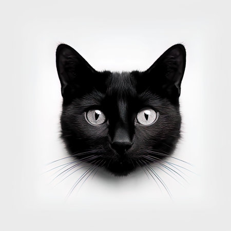 Black cat head on a white background with space for text or imageの写真素材