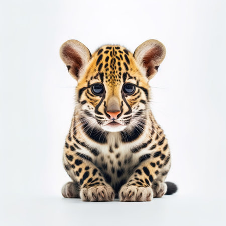 Leopard cub isolated on white background. Studio shot. Animal portrait.の写真素材