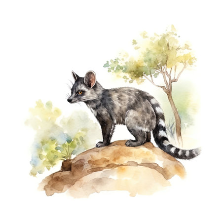 Watercolor illustration of a raccoon sitting on a rock. Hand drawn raccoon animal.の写真素材