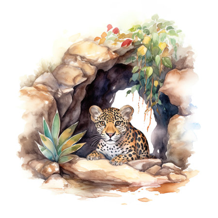 Leopard in a cave. Watercolor illustration on white background.の写真素材