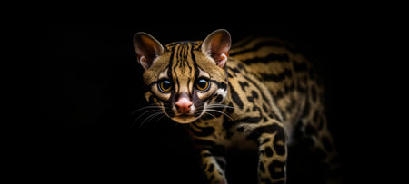Close-up of a leopard cat on a black background.の写真素材