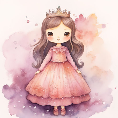 Princess girl in pink dress with crown. Watercolor illustration.の写真素材