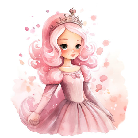 Cute princess in pink dress with crown. Watercolor illustration.の写真素材