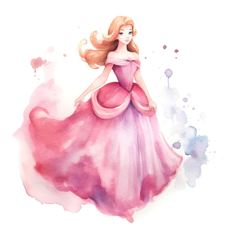 Watercolor illustration of a beautiful princess in a long pink dress.の写真素材