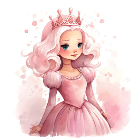 Princess watercolor illustration. Watercolor princess in pink dress.の写真素材
