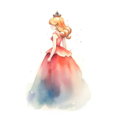 Watercolor illustration of a princess in a red dress with a crownの写真素材