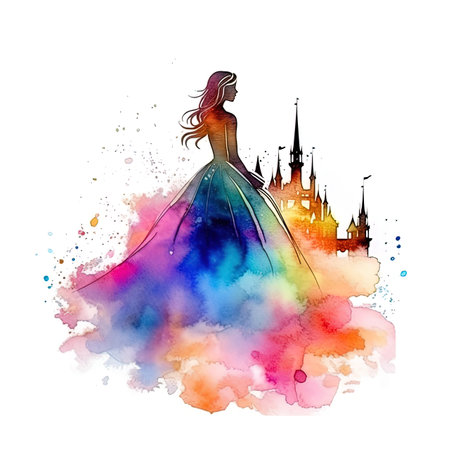 Watercolor illustration of a beautiful woman in a princess dress on a background of the old town.の写真素材