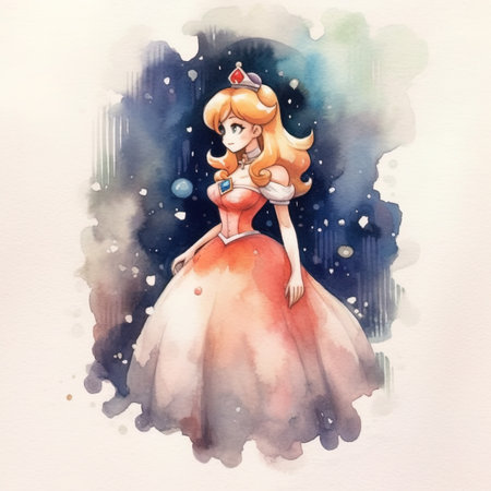 Watercolor illustration of a beautiful girl in a white dress with a crown on her head.の写真素材