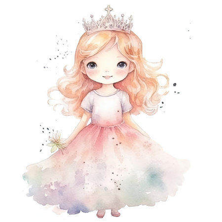 Princess watercolor illustration. Watercolor princess with crown. Cute princess.の写真素材