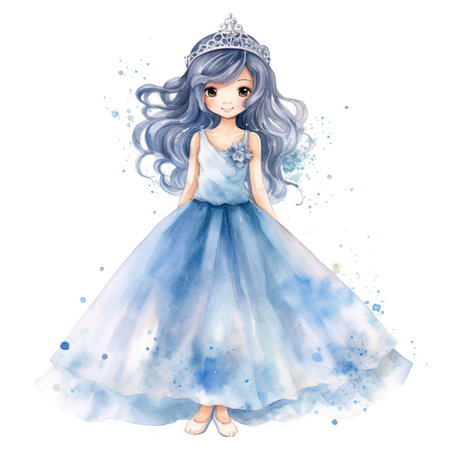 Princess girl in blue dress with crown. Watercolor illustration.の写真素材