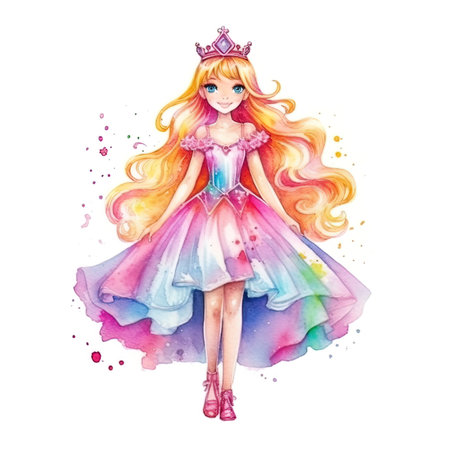 Princess watercolor illustration. Watercolor princess with long hair.の写真素材