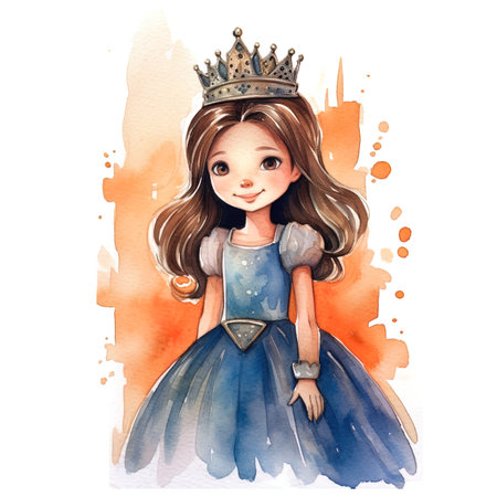 Cute little princess with crown. Watercolor hand drawn illustration.の写真素材