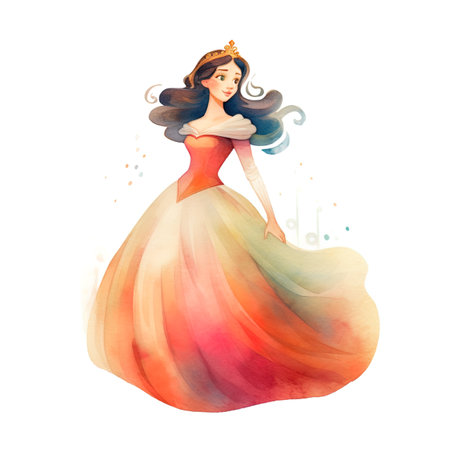 Beautiful princess in a long dress with a crown. Watercolor illustrationの写真素材