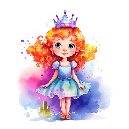 Cute little princess with crown and magic wand. Watercolor illustrationの写真素材