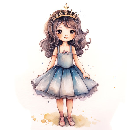 Princess girl in a blue dress with a crown. Watercolor illustration.の写真素材